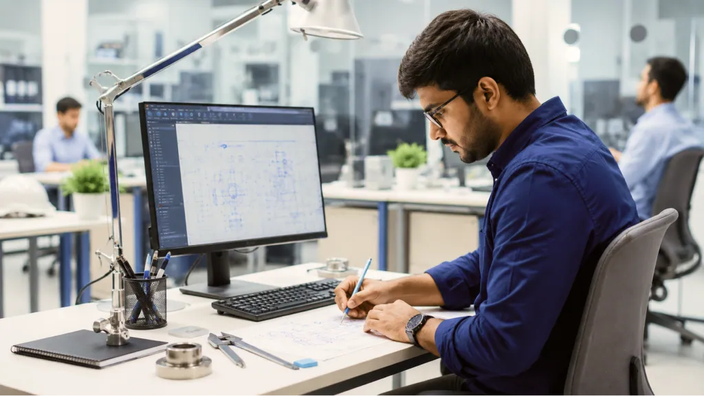 Engineering student working on a CAD drawing at a workstation