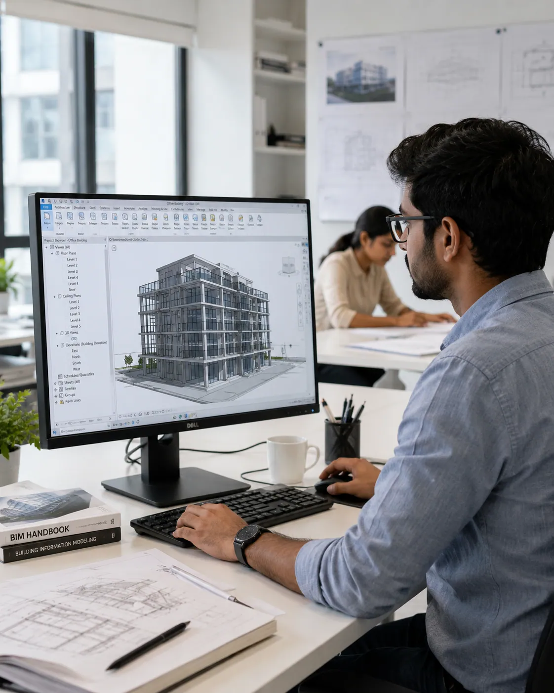 Learner working at a BIM/Revit architectural desktop workstation