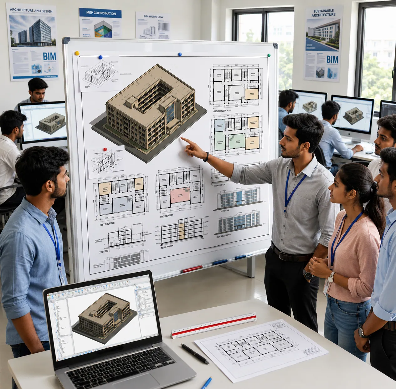 Students and instructor reviewing architectural drawings and BIM model on a whiteboard