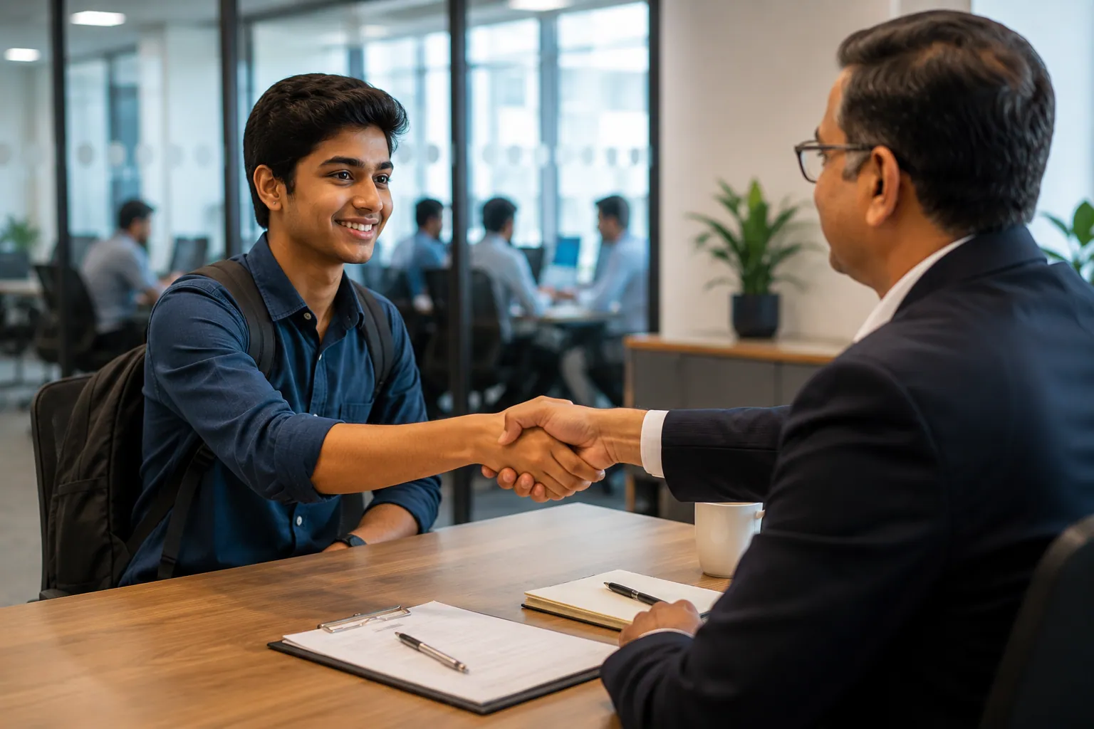 Student shaking hands with interviewer after a mock interview session