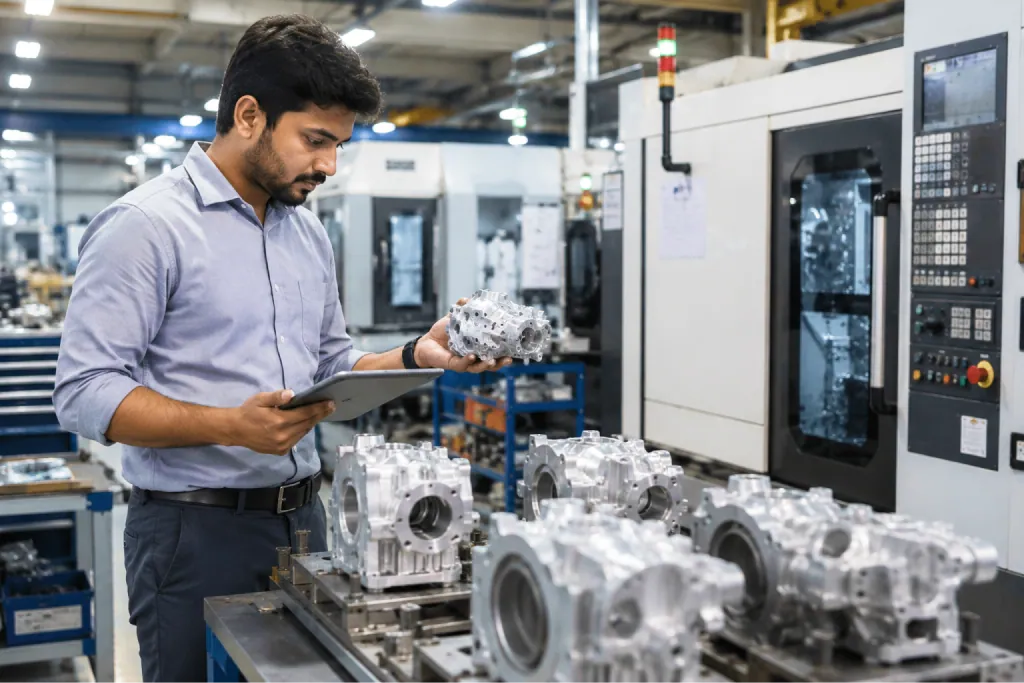 Engineer examining precision components in a manufacturing facility